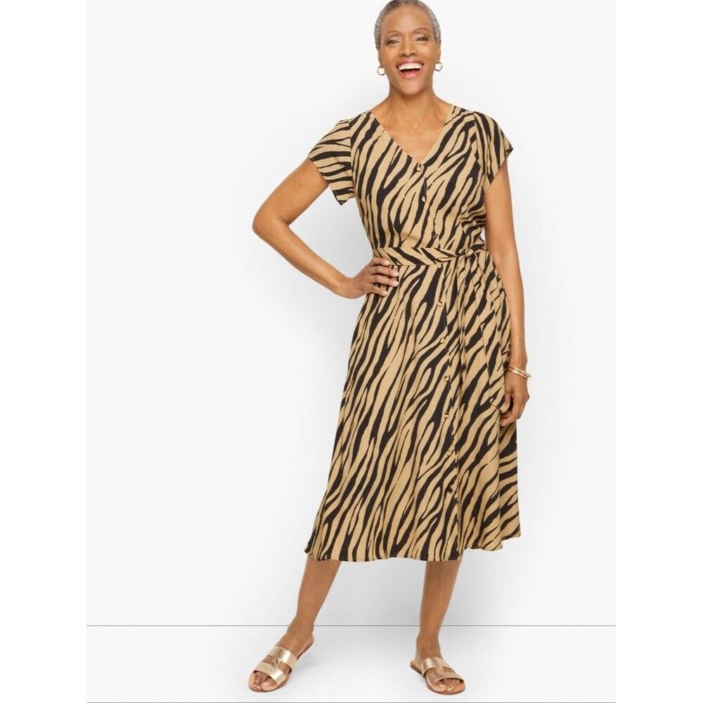 Talbots Striking Zebra Midi Shirtdress Belted Button Front Size 6 Viscose
